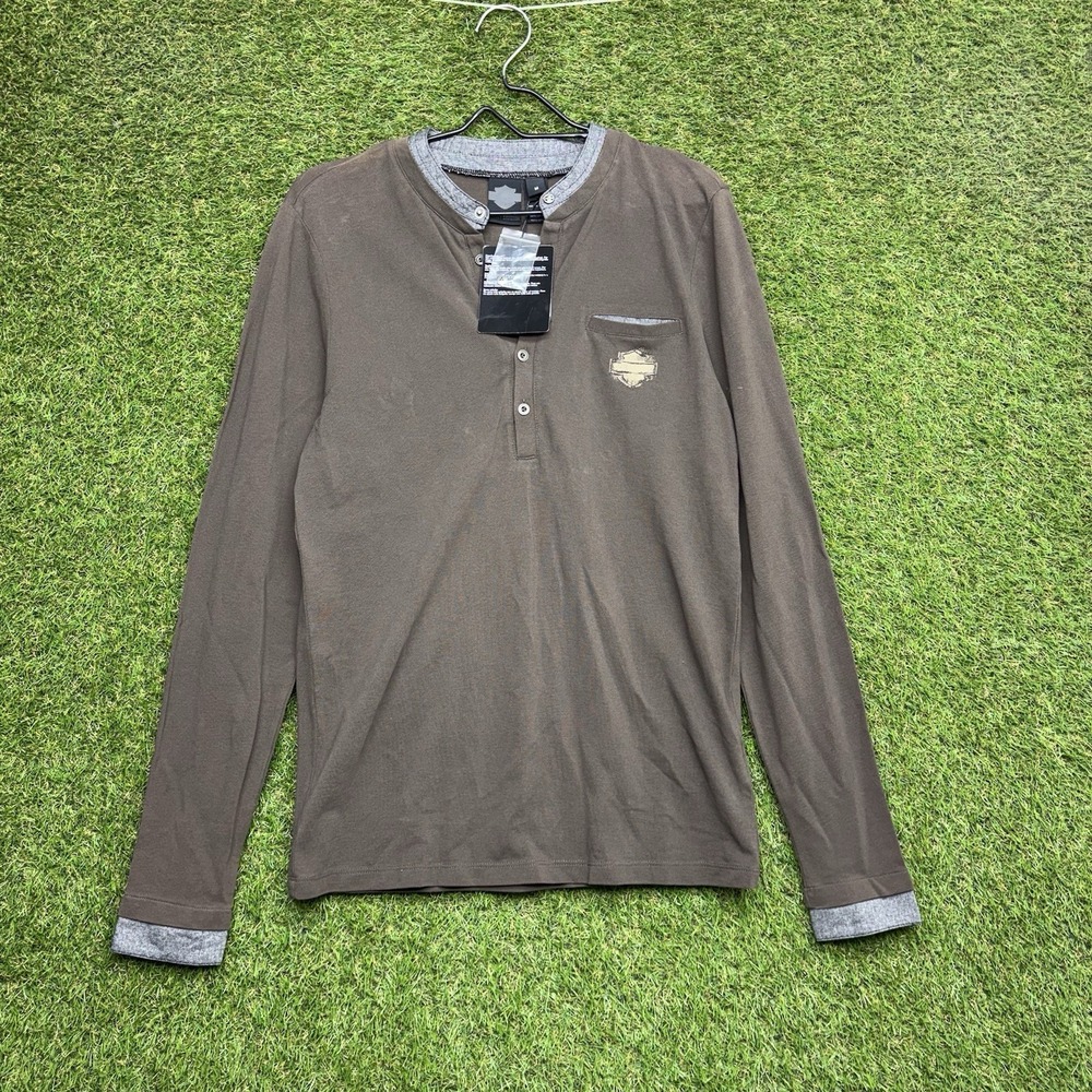 Harley Davidson Henley Shirt Mens Medium Brown Waffle Knit Long Sleeve Y2K NWT